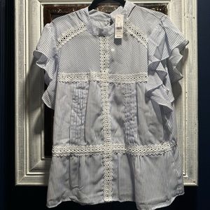 New York & Company Blue/White Striped Lace Top